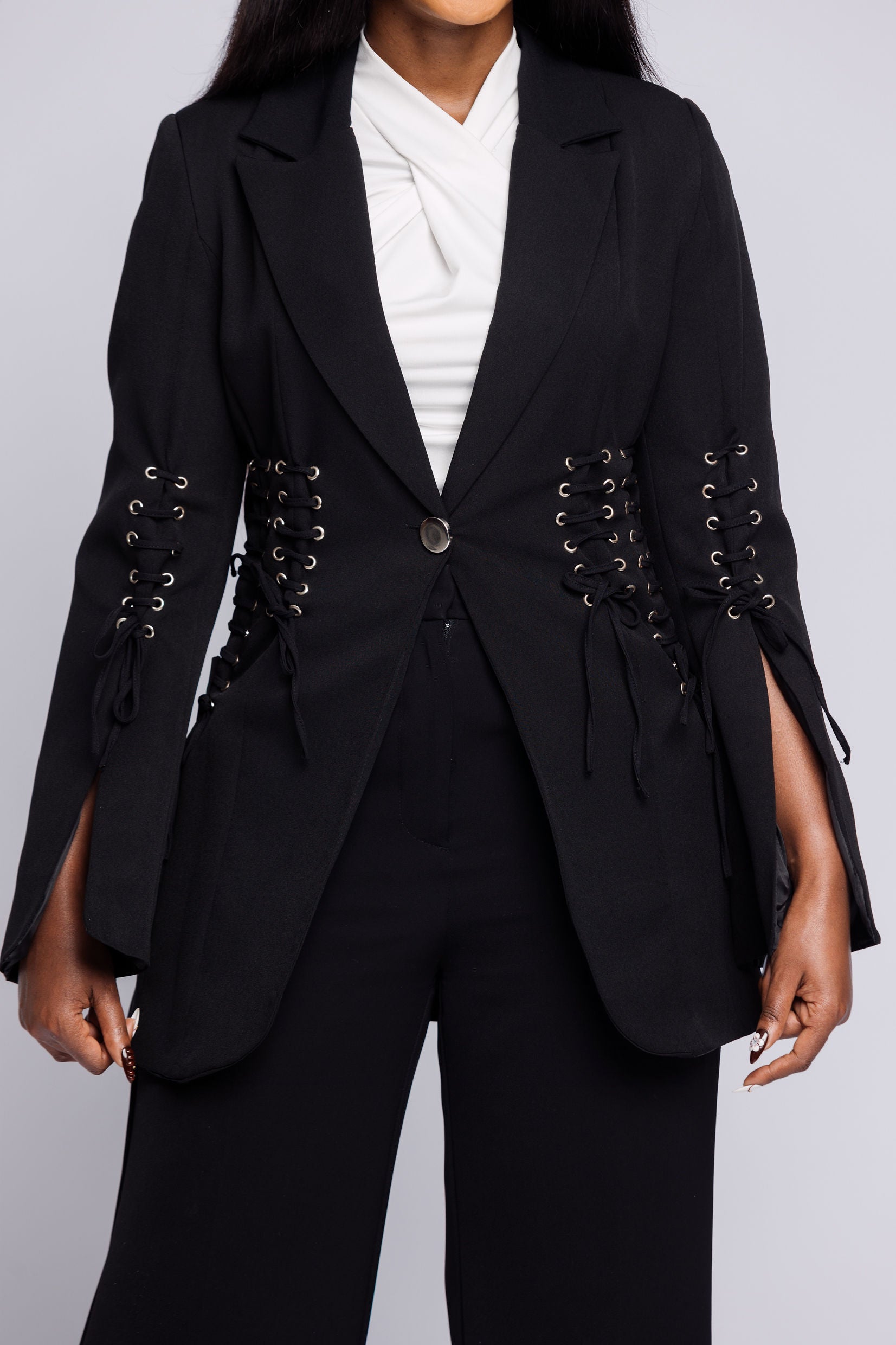 Black Lace-Up Structured Blazer