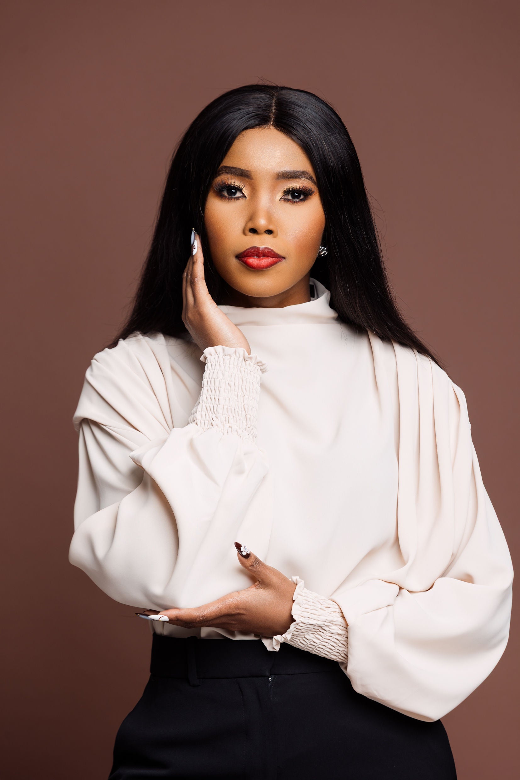 Soft Blush Draped High-Neck Blouse