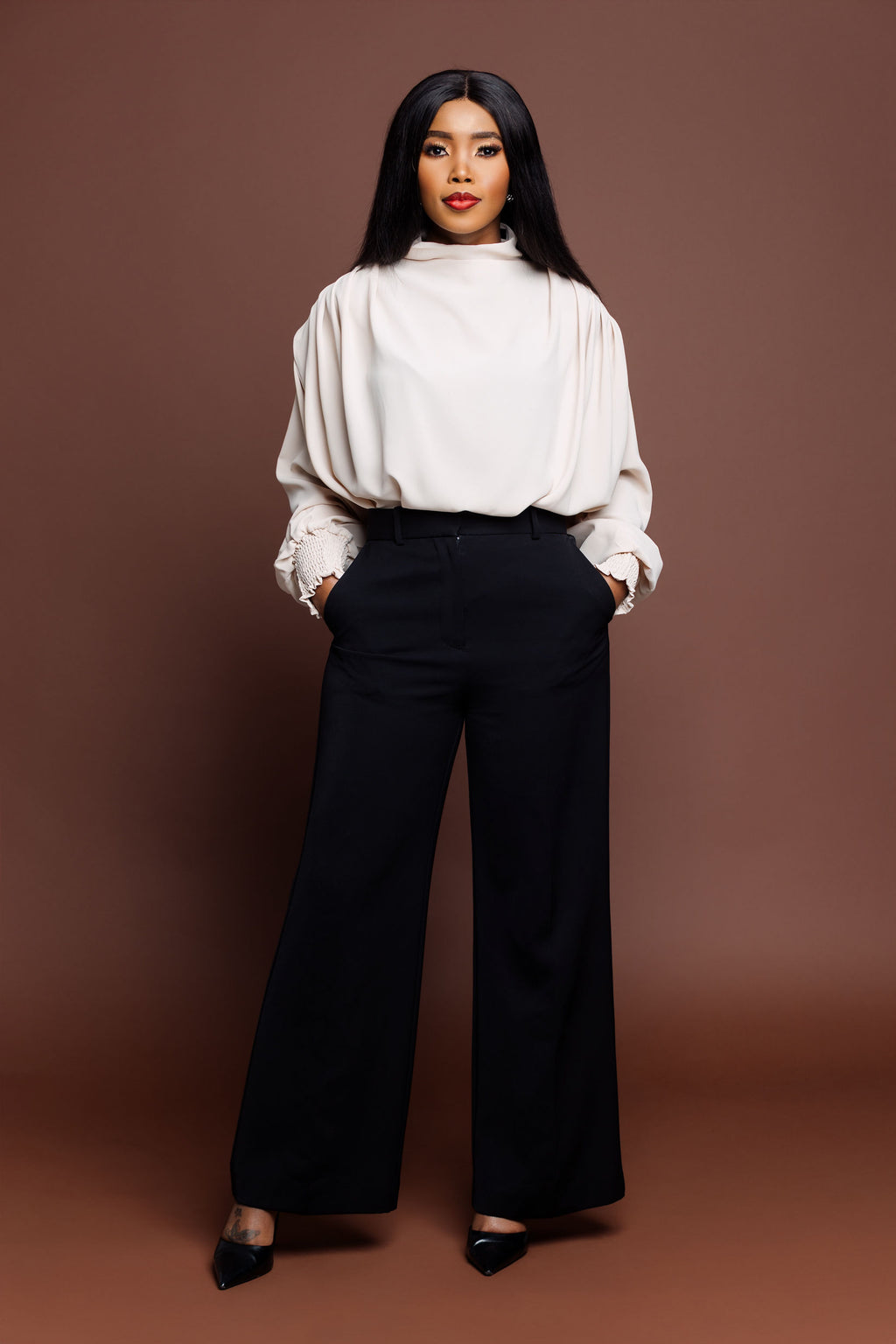 Soft Blush Draped High-Neck Blouse