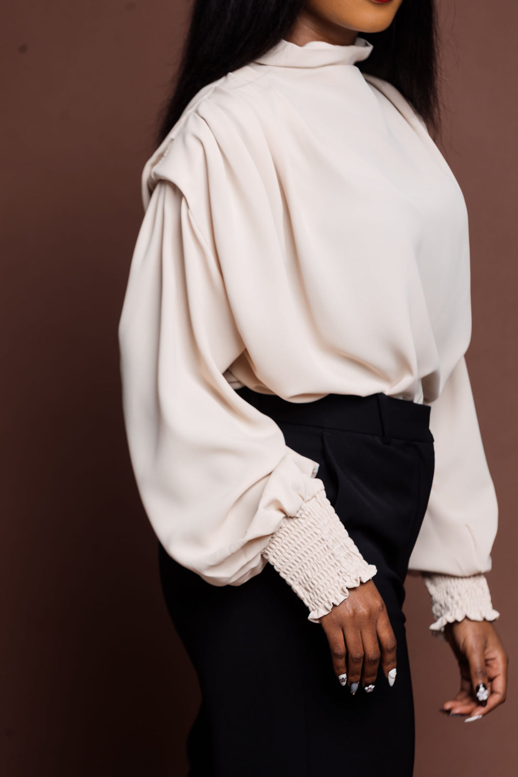 Soft Blush Draped High-Neck Blouse